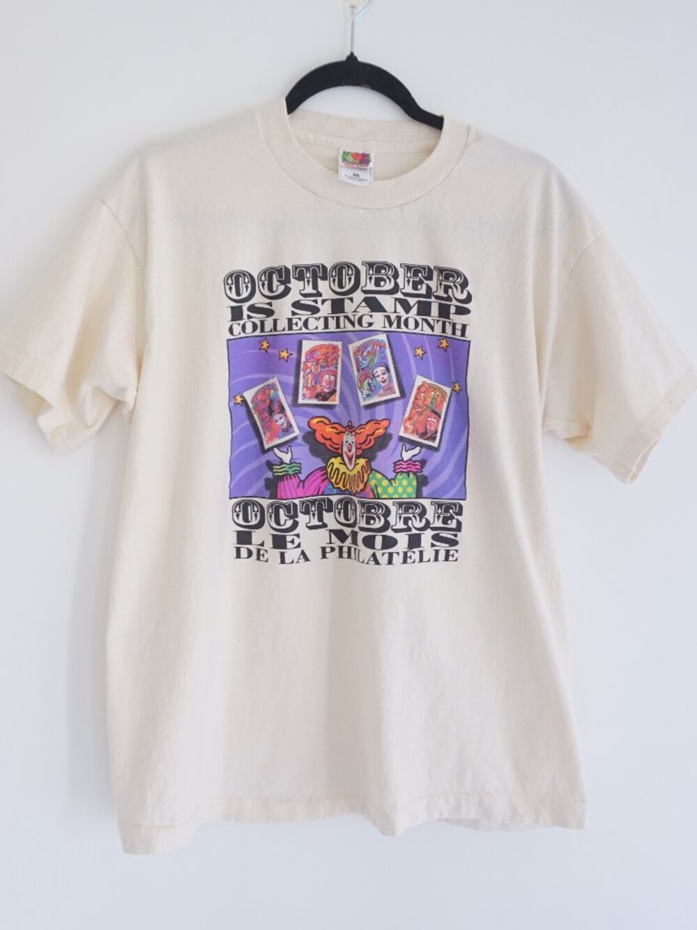 Vintage 90s Fruit of the Loom Cream October Stamp Collecting Single Stitch XL